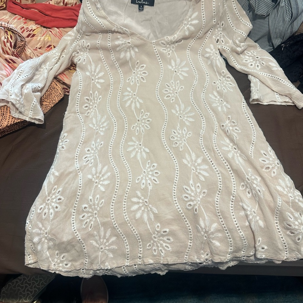 Lulu's Cream Bell Sleeve V-Neck Sundress